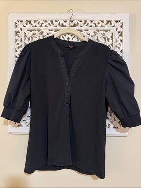 Quince Mixed-Media Black V-Neck Puff Sleeve Blouse